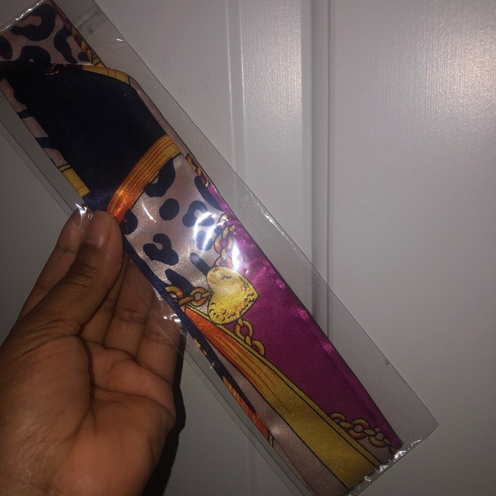 Pink Multicolor Satin Scarf with Chain Print